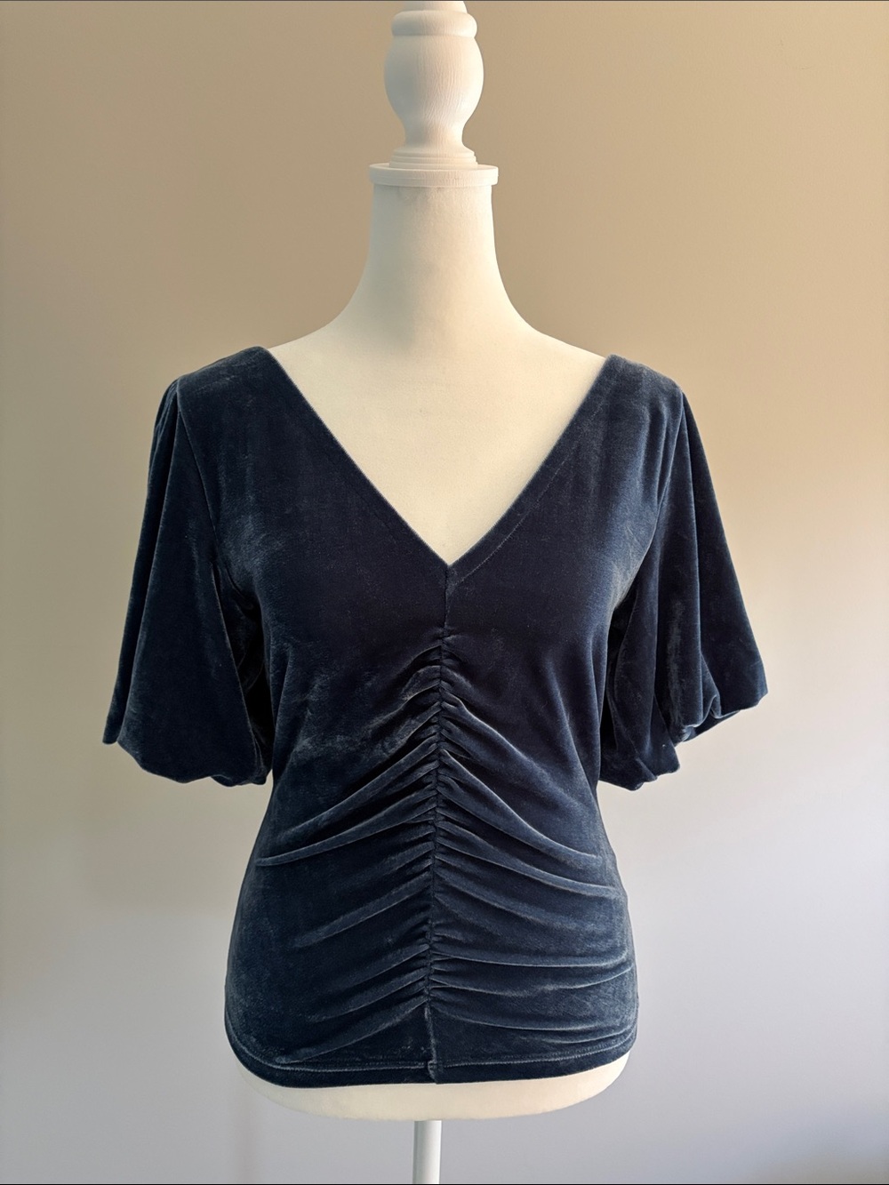 Free People Ruched Velvet V-Neck Top in Blue